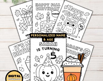 秋の誕生日用塗り絵、秋の誕生日パーティー用カスタム名入れ塗り絵、誕生日パーティーのアクティビティ