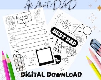 All about my Dad Printable, Fathers day Coloring pages, Fathers day Questions Preschool, Instant Download