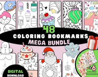 Printable Coloring Bookmarks BUNDLE, Cute Christmas Coloring Bookmarks, Printable Book Marks Adults and Kids Coloring pages Digital Download