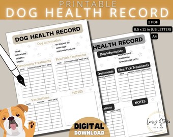 Dog Health Record, Printable Dog Shot Record,  Puppy and Dog vaccination Breeder Records, Instant Download