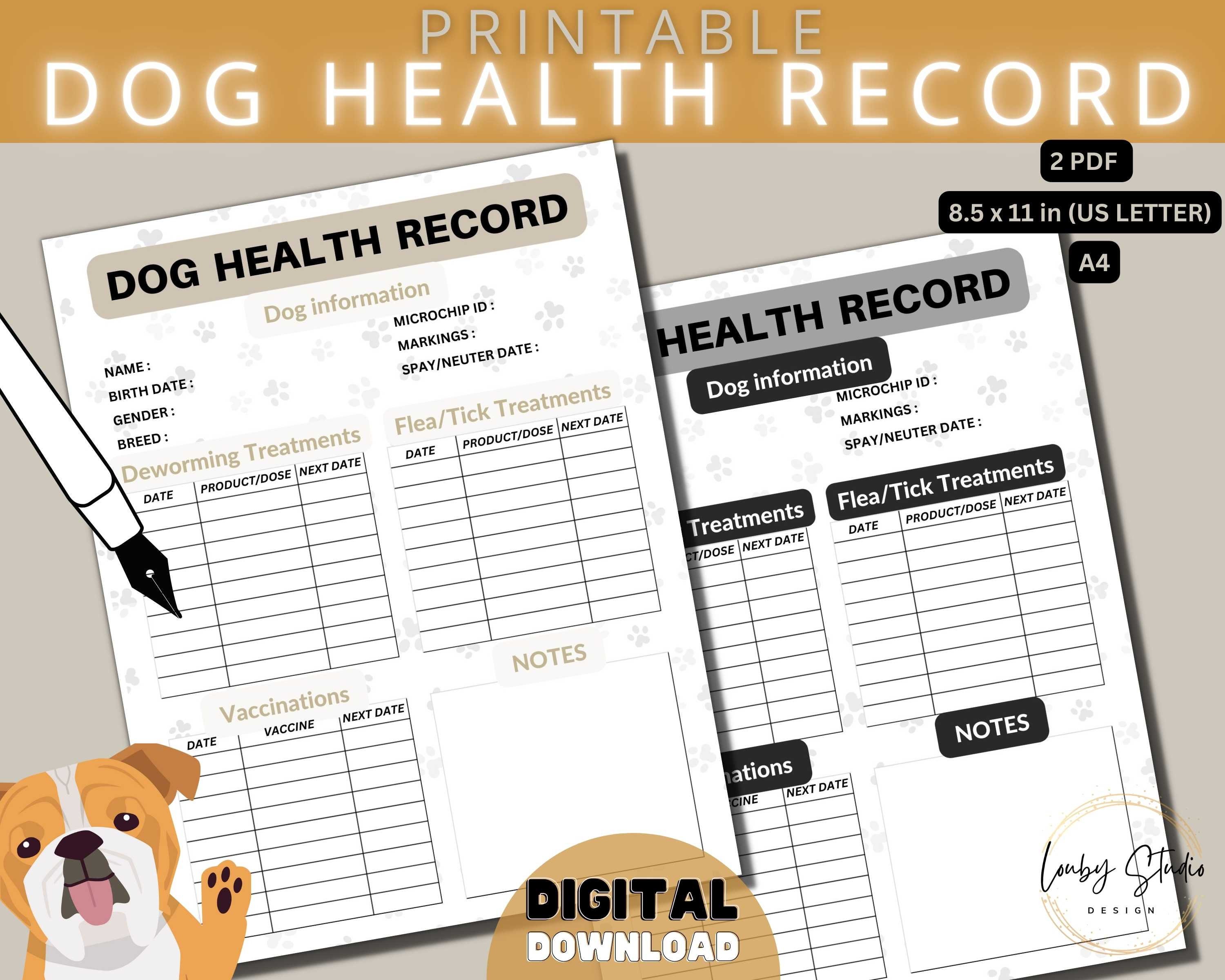 Dog Health Record, Printable Dog Shot Record, Puppy and Dog Vaccination