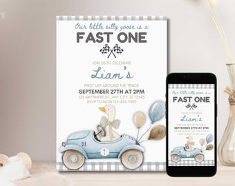 ファストワン誕生日招待状：レースカー、シリー・グースのテーマ（デジタルダウンロード）