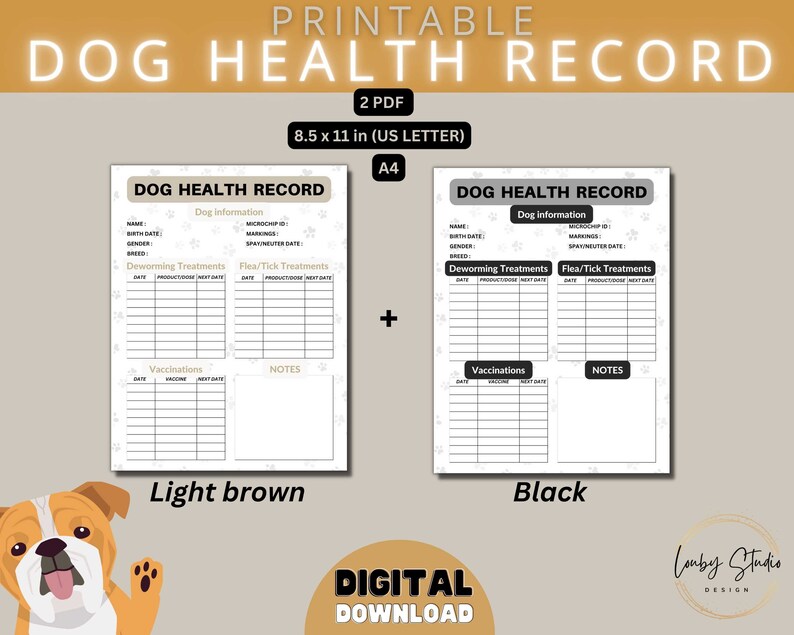 Dog Health Record, Printable Dog Shot Record, Puppy and Dog Vaccination