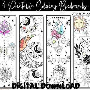 May include: Set of four printable coloring bookmarks featuring celestial and floral designs. Each bookmark is 2.3 inches by 7 inches. The designs include a lotus flower, a crescent moon with flowers, a crystal with flowers, and an hourglass with a sun and moon.