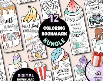 May include: A set of 12 printable coloring bookmarks featuring various food and drink themes. The bookmarks include images of donuts, watermelon, ice cream, chocolate, popcorn, bananas, and grapes. The text on the bookmarks includes phrases like "I find reading very", "You are one in a melon", "Reading is a piece of cake", and "I donut want to stop reading".