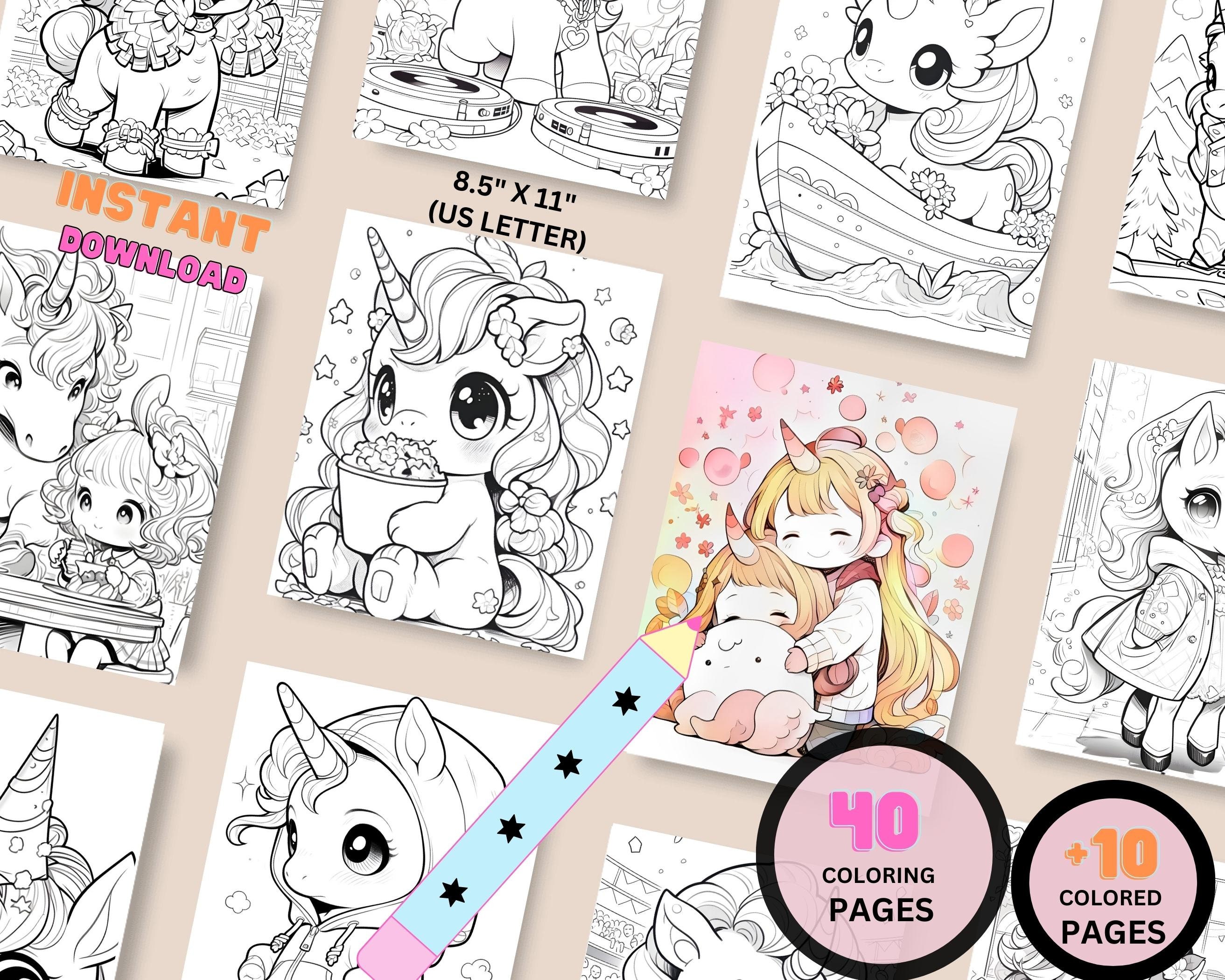 Cute Unicorn Fantasy Coloring Pages Book, Kawaii Coloring Page, Adults