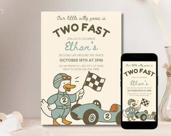 2つの高速誕生日招待状、レトロなレースカー、おどけるガチョウのテーマ（デジタルダウンロード）