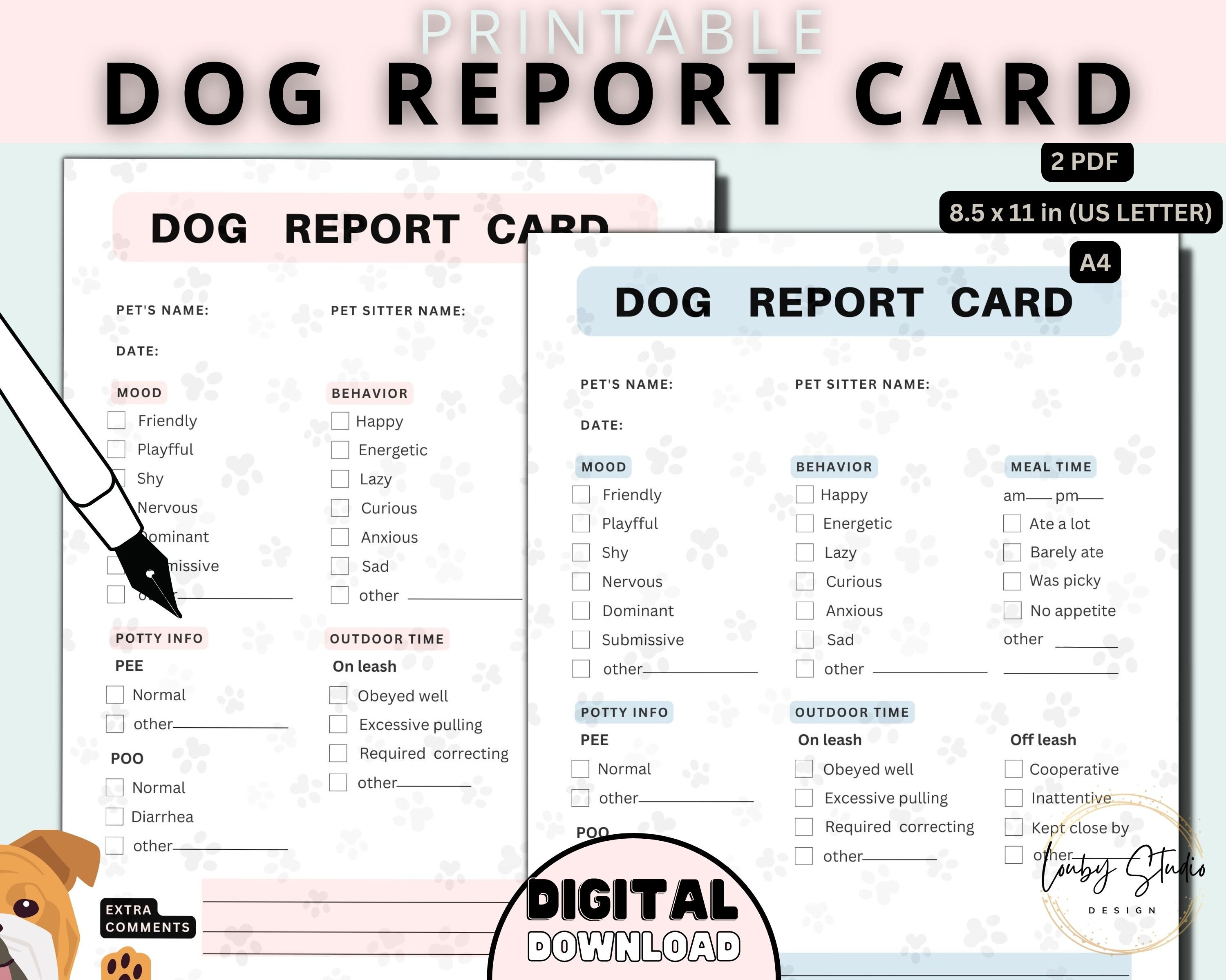 Dog Report Card Template, Printable Pet Sitter Report Form, Dog Boarding, Pet Sitting Report ...