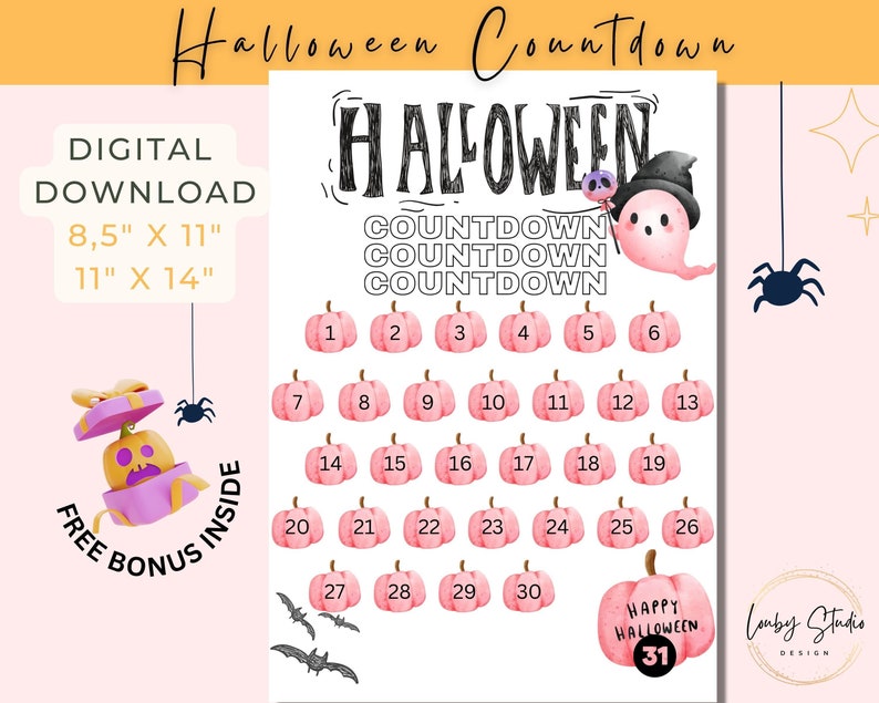 Rosa Halloween-nedräkningskalender: Utskrivbar aktivitet för barn (digital nedladdning) bild 1