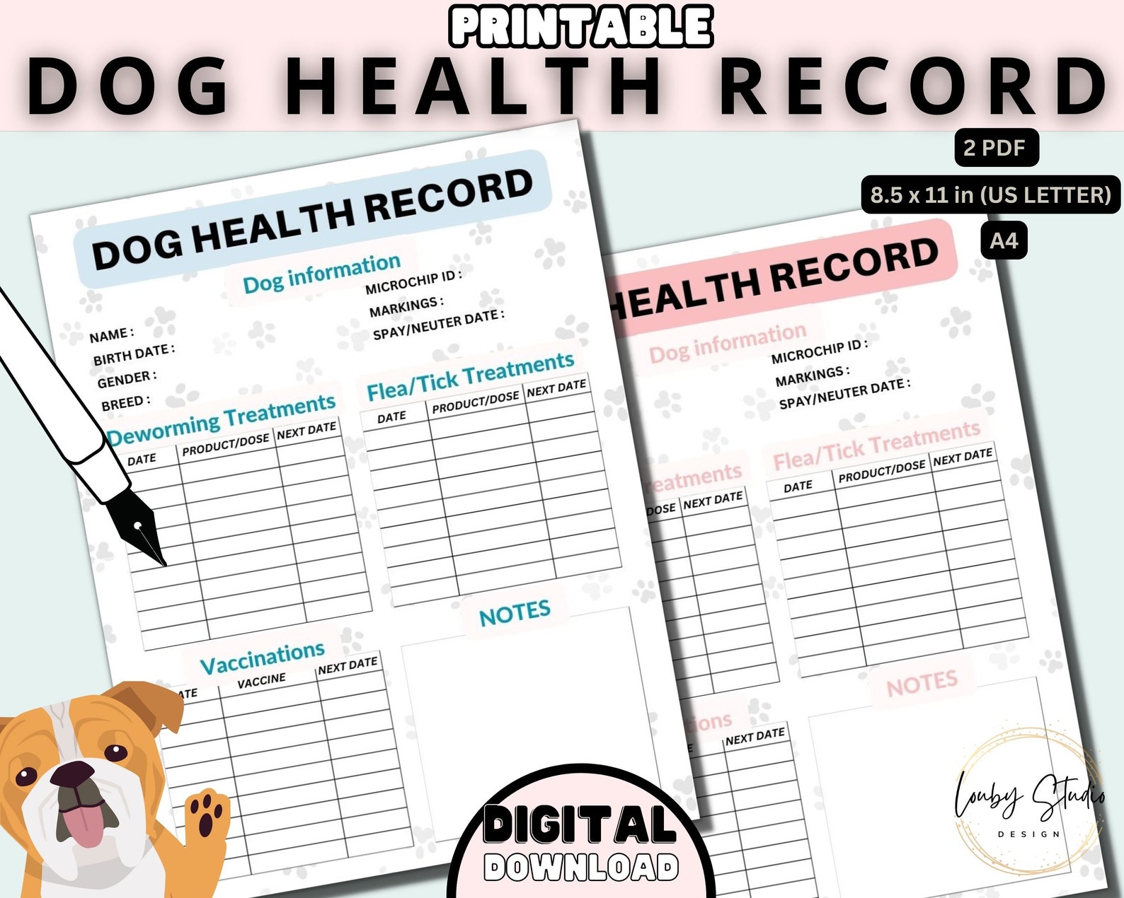Dog Health Record, Printable Dog Shot Record, Puppy and Dog Vaccination