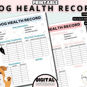 Registro de salud del perro, registro de vacunas del perro imprimible, registros de criadores de vacunas de cachorros y perros, descarga instantánea