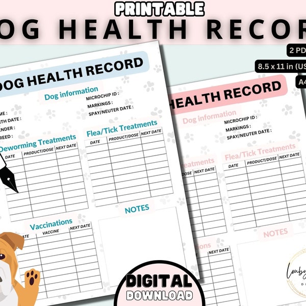 Dog Health Record, Printable Dog Shot Record,  Puppy and Dog vaccination Breeder Records, Instant Download