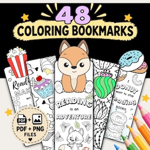 Pacchetto di segnalibri da colorare stampabili per bambini, con animali e dolci, download digitale in PDF e PNG.