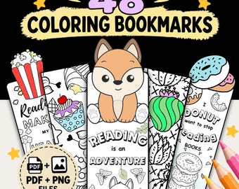 Pacote de Marcadores de Livro para Colorir para Crianças, Marcadores de Animais e Sobremesas, Download Digital em PDF e PNG