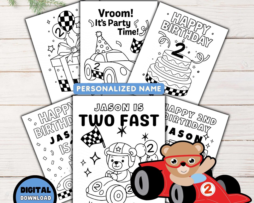 Two Fast Birthday Coloring Pages, Personalized Race Car Party Activity ...