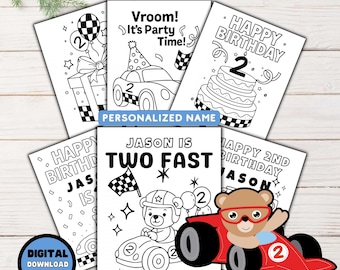Two Fast Birthday Coloring Pages, Personalized Race Car Party Activity (PDF File)