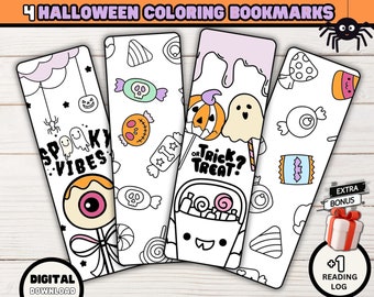 May include: Four rectangular paper bookmarks featuring Halloween-themed line art for coloring. Designs include ghosts, pumpkins, candy, and text reading "SPOOKY VIBES" and "TRICK OR TREAT?" with some elements pre-colored in pastel shades of pink, orange, and yellow.