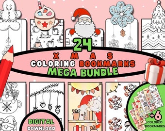 心温まるクリスマスぬりえブックマーク、子供向けの24種類のホリデーデザイン、デジタルダウンロード（PDFおよびPNGファイル）