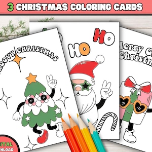 Tarjetas para colorear navideñas divertidas, tarjetas de felicitación navideñas retro para colorear e imprimir, páginas para colorear de manualidades navideñas, actividades para el aula que puedes hacer tú mismo