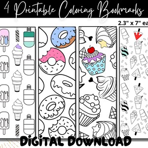 May include: Four printable coloring bookmarks featuring a variety of summer-themed designs. Each bookmark is 2.3 inches by 7 inches and features a different pattern: ice cream cones, donuts, cupcakes, and popsicles. The bookmarks are black and white and ready to be colored.