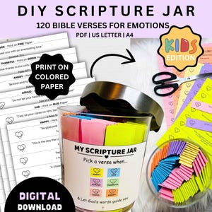 Pot de versets bibliques imprimable pour enfants, pot d'écritures bibliques, pot d'émotions de versets bibliques bricolage, versets codés par couleur, lis-moi quand le pot, cadeaux chrétiens