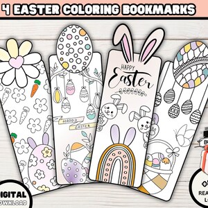 Printable Easter Coloring Bookmarks, Floral Easter Eggs Coloring Book marks, Happy Easter Bunny Class Gift Coloring Page, Reading Log