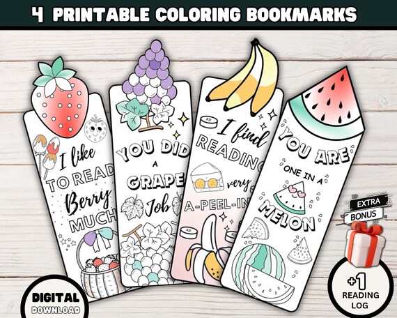 Fruits Coloring Bookmarks, Bookish Coloring Book Marks for Kids and Adults, Digital Download