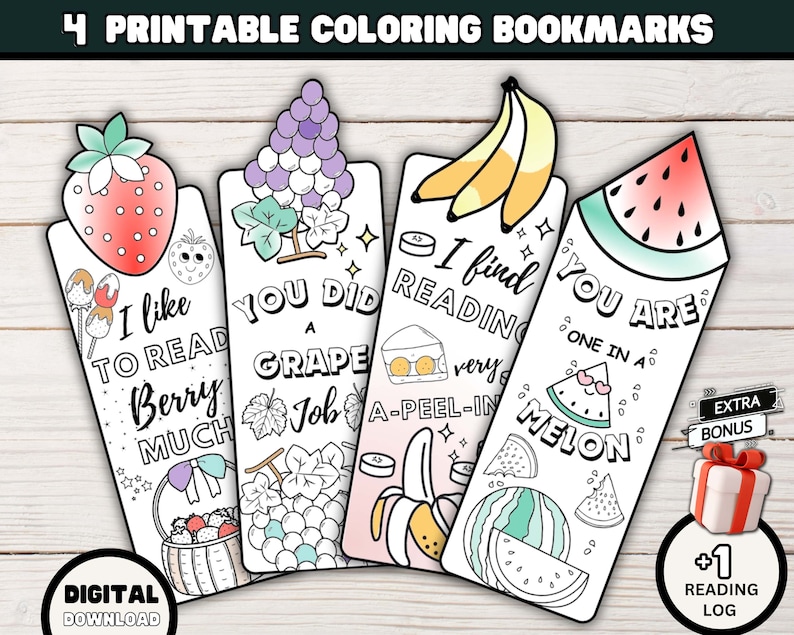 printable coloring bookmarks featuring fruits and quotes to encourage kids reading