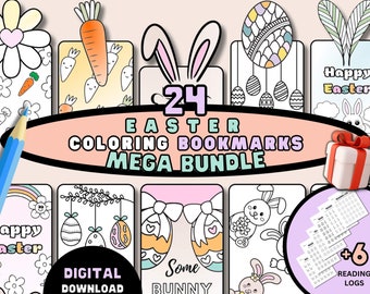 イースターのぬり絵のブックマークページバンドル、印刷可能なイースターエッグのぬり絵ページ、ハッピーイースターバニーのぬり絵のブックマーク、イースター教室のクラフト