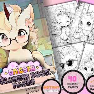 Süßes Einhorn Fantasy Malseiten Buch, Kawaii Malseite, Erwachsene und Kinder druckbare Kawaii Einhorn Malbuch, digitaler Download