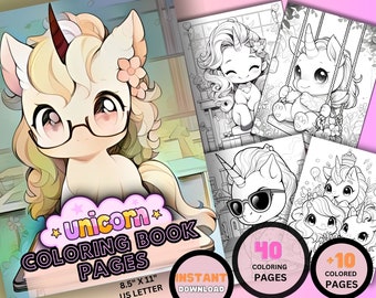 Cute Unicorn Fantasy Coloring pages Book, Kawaii coloring page, Adults and Kids Printable Kawaii Unicorn Coloring Book, Digital Download