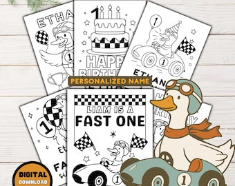 ファーストワンバースデーぬり絵：レトロなレースカー、おどけるガチョウのテーマ（PDF）