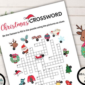 Printable Christmas Crossword Puzzle, Kids Christmas Word Games Activities, Family games, Classroom Christmas Party game, Digital Download