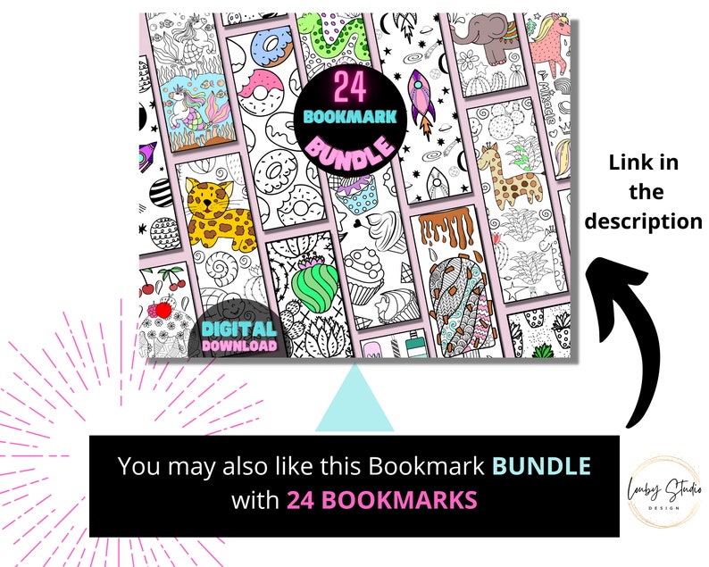 May include: A digital download of 24 printable bookmarks featuring various illustrations, including animals, food, and abstract designs. The text "24 Bookmark Bundle" is displayed in a pink circle with a white outline.