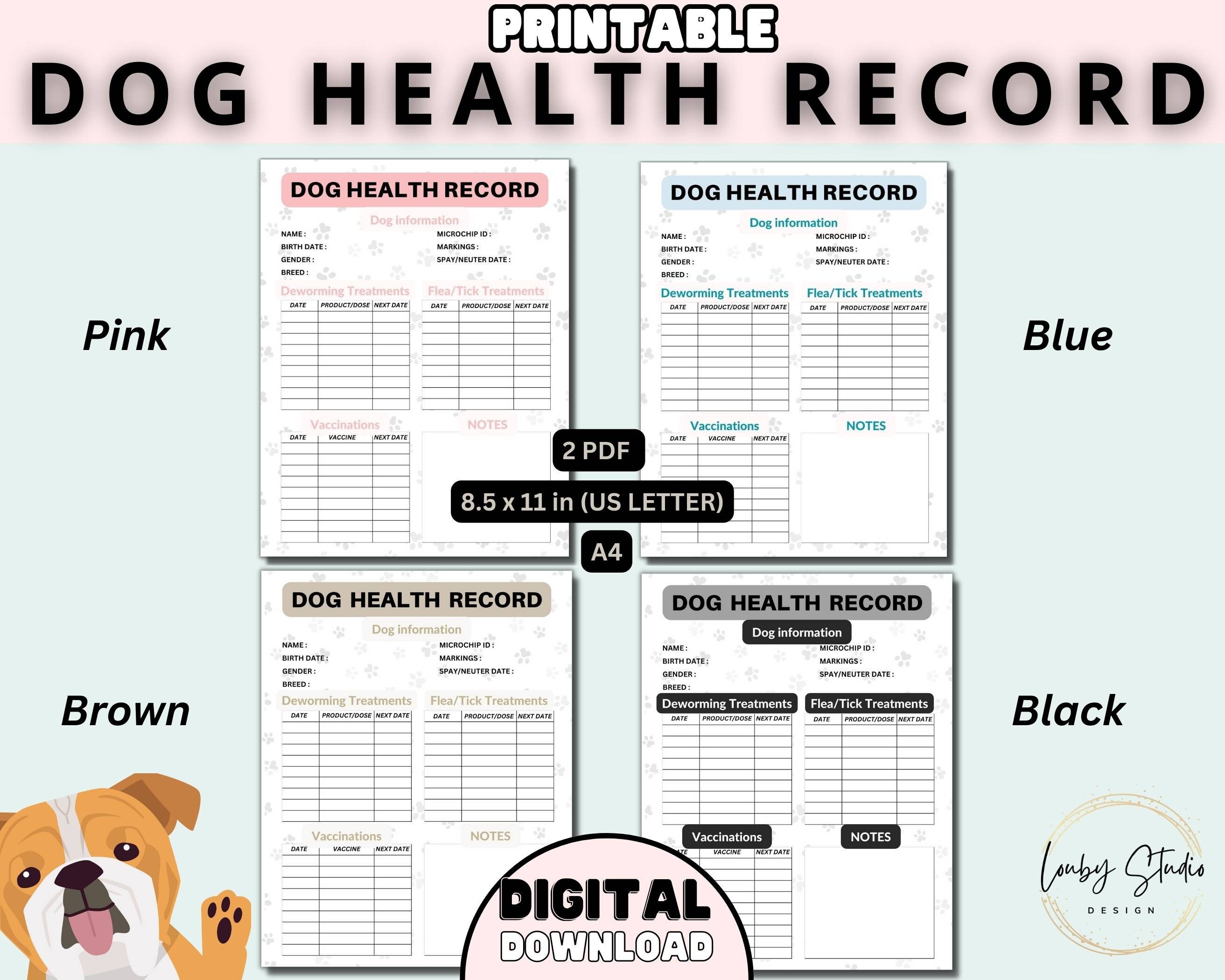Dog Health Record, Printable Dog Shot Record, Puppy and Dog Vaccination