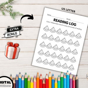 May include: Printable reading log with a watermelon theme. Color in a watermelon slice for every 20 minutes of reading.  The printable is in US Letter size.