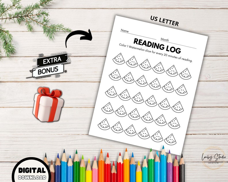 May include: Printable reading log with a watermelon theme. Color in a watermelon slice for every 20 minutes of reading.  The printable is in US Letter size.