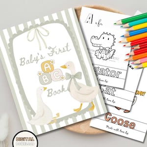 Può includere: Un libro per bambini intitolato "Baby's First Book" con un'illustrazione di oche e il testo sulla copertina. Il libro ha un bordo a righe e un fiocco. Sono visibili pagine da colorare con le lettere A, C e G, insieme a matite colorate.