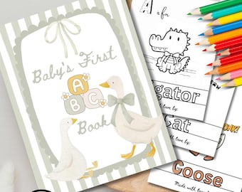 Silly Goose ベビーシャワー用ぬり絵ABCブック、アルファベットゲストブックのユニークなアクティビティ、デジタルダウンロード