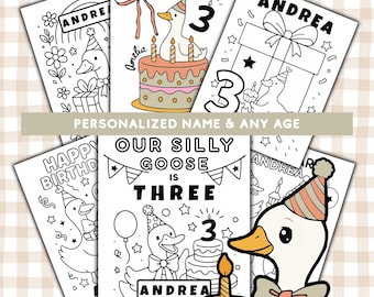 しらふのガチョウの誕生日ぬり絵、名前と年齢に合わせた誕生日パーティーのアクティビティ、PDFデジタルダウンロード