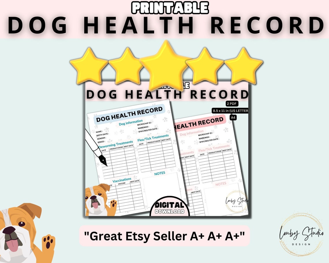 Dog Health Record, Printable Dog Shot Record, Puppy and Dog Vaccination Breeder Records, Instant