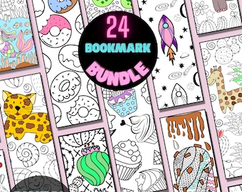 Pode incluir: Uma coleção de 24 marcadores de página com várias ilustrações de linhas em preto e branco para colorir, incluindo donuts, cupcakes, um foguete, uma girafa, um leopardo e cactos, com o texto 24 BOOKMARK BUNDLE e DIGITAL DOWNLOAD.