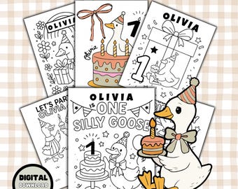 ワン・シリー・グースのぬり絵、お子様向けの1歳の誕生日パーティー向けアクティビティ、デジタルダウンロード