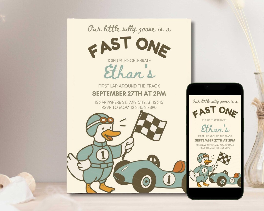 Silly Goose Racing Fast One Silly Goose 1st Birthday Invitation: Retro Race Car (digital ...