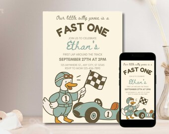 ファスト・ワン・シリー・グース 1歳の誕生日招待状：レトロレースカー（デジタル招待状）