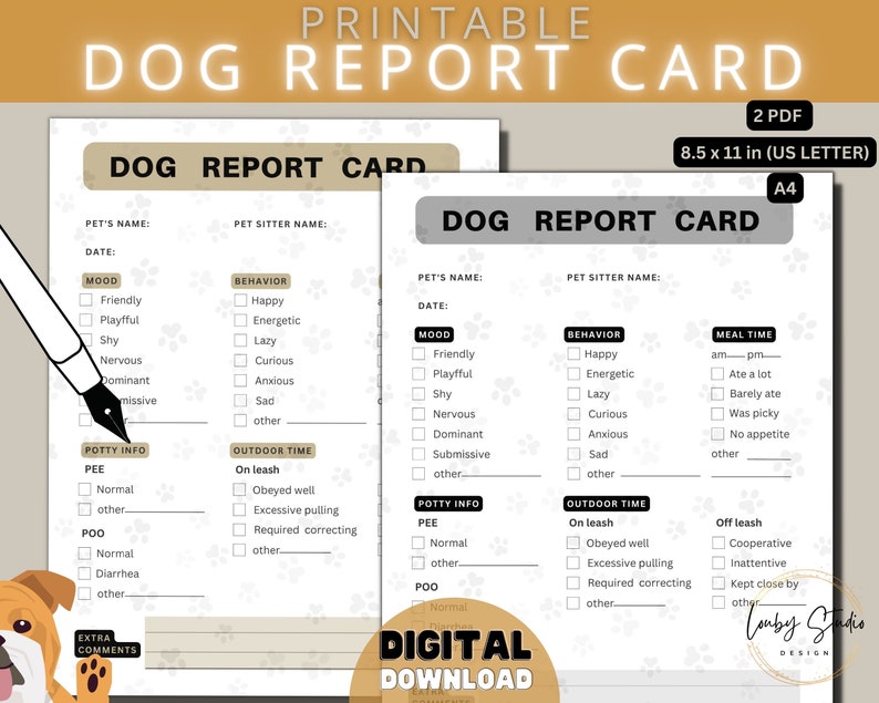 Dog Report Card Template, Printable Pet Sitter Report Form, Dog Boarding, Pet Sitting Report ...