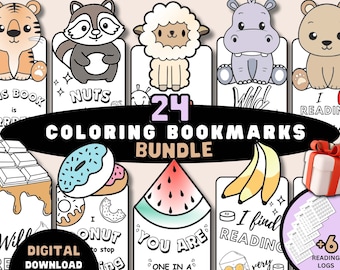 Printable Coloring Bookmarks BUNDLE, Cute Animals Book Marks, Birthday Party Dessert Coloring Pages, Classroom Craft, Reading Log, Digital