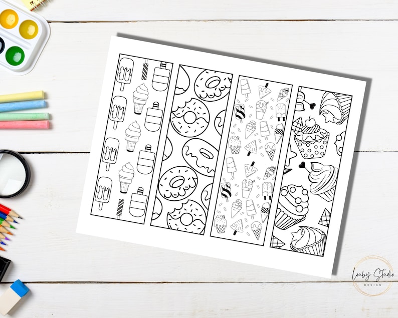 May include: Four black and white printable bookmark designs featuring different summer treats: ice cream cones, popsicles, donuts, and cupcakes. The designs are ready to be colored in.