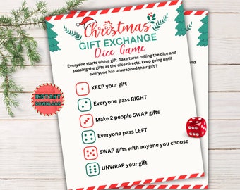 Christmas Gift Exchange Dice Game, Printable Pass the Gift Swap Game, White Elephant Game, Family Christmas Party Games, Digital Download