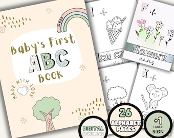 Baby Alphabet Buch, druckbare Babyparty ABC Buch, Tier Alphabet Malseiten Aktivitätsbuch, Babys erstes Märchenbuch, digitaler Download